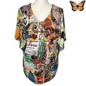 Laura Abstract Vivid Color Batwing Short Sleeve V Neck Top Size Medium